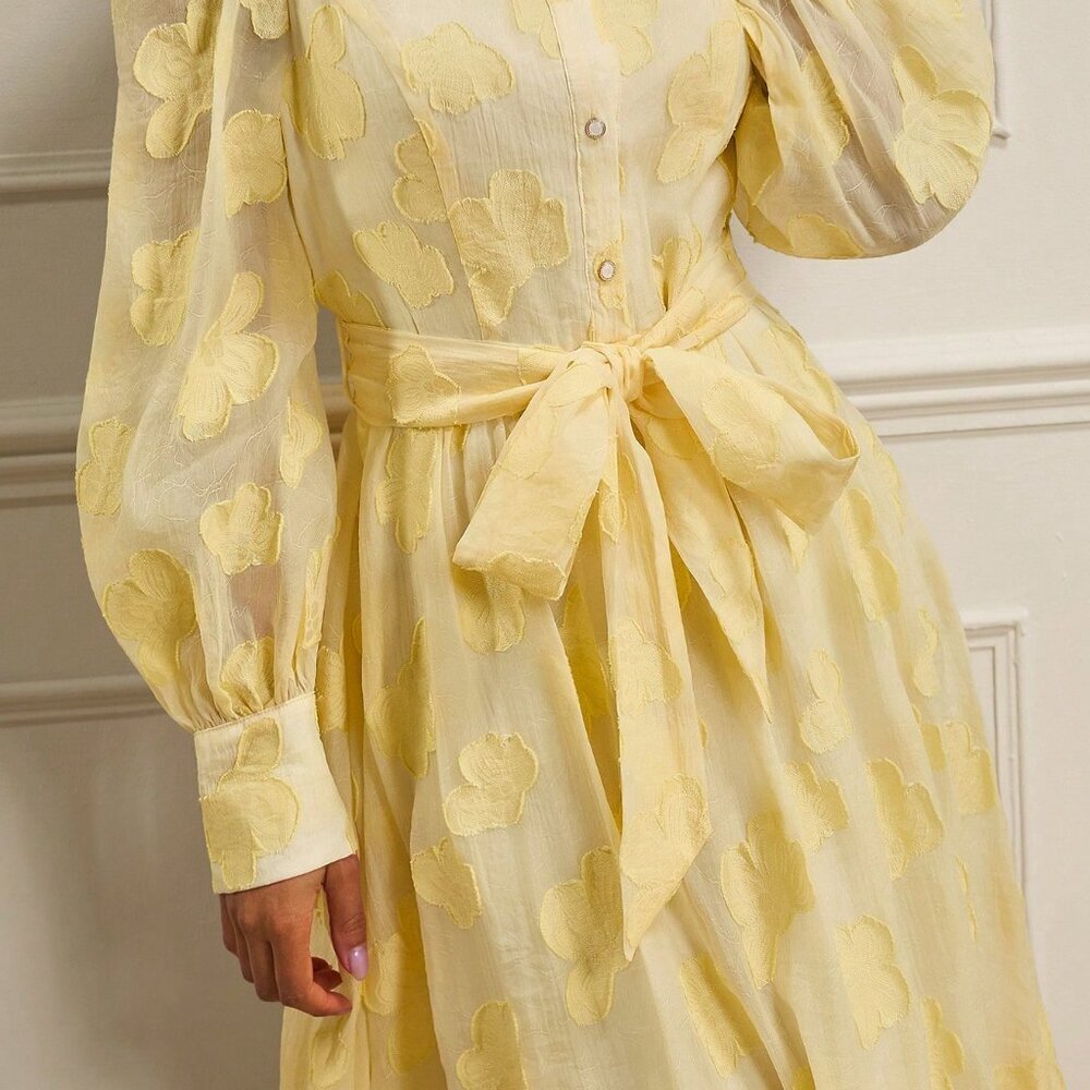 Pale Yellow Casual Womens Jacquard Chiffon Shirt Dress with Collar and Bow Waist - Picture 7 of 7